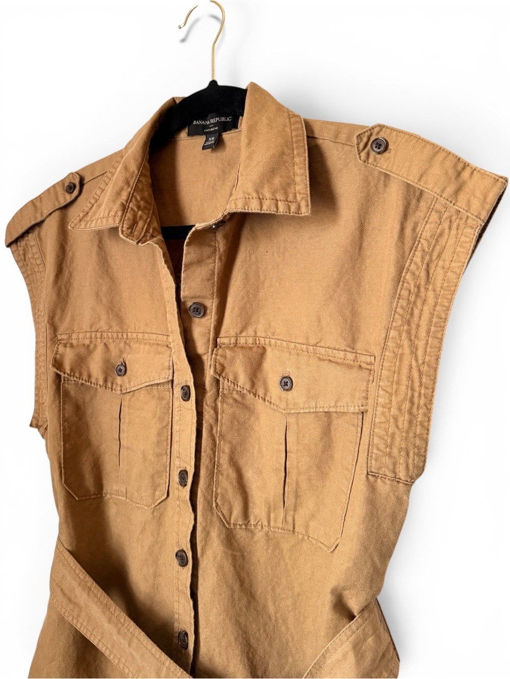 Banana Republic Linen Blend Utility Shirt Dress Belted Camel XS Safari - Picture 2 of 5
